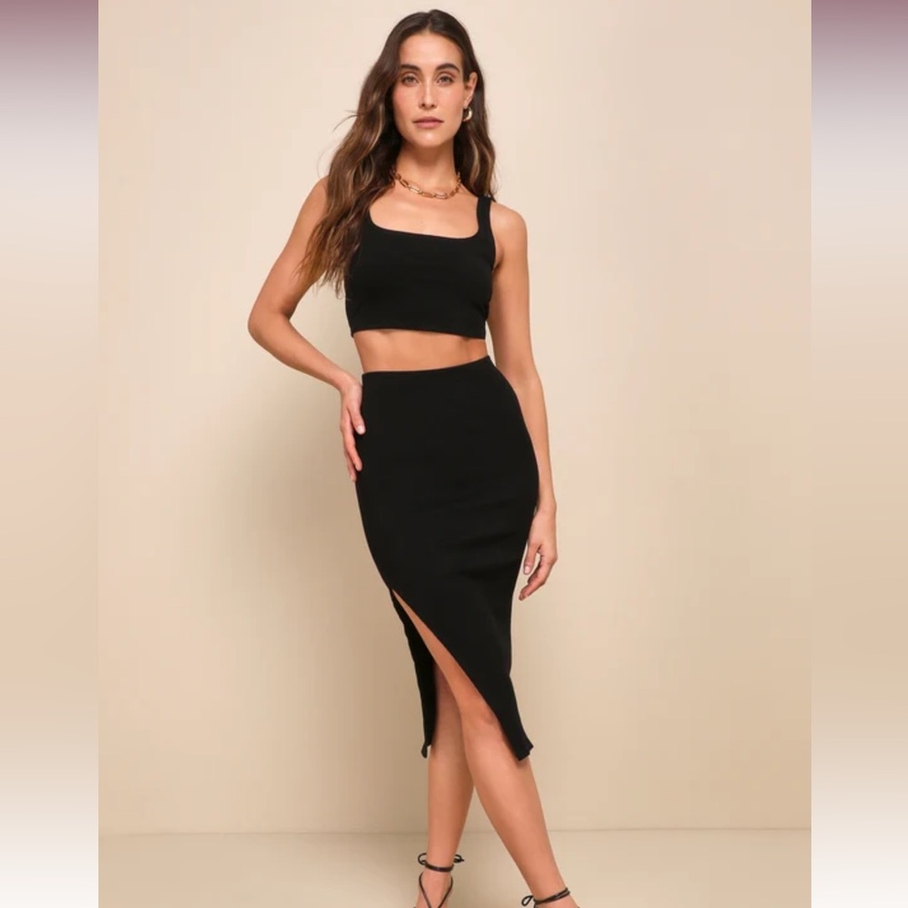 Lulus Black Ribbed Bodycon Two-Piece Midi Dress